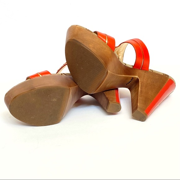 Coach Jonah open toe orange leather straps brown wood platform chunky cone heels - Picture 10 of 12